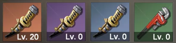 four gear pieces of different rarity and colors
