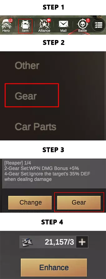 four steps to get to the gear upgrade menu