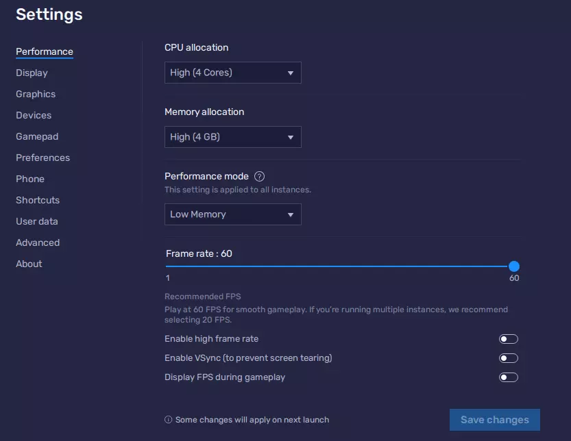 bluestack settings page one