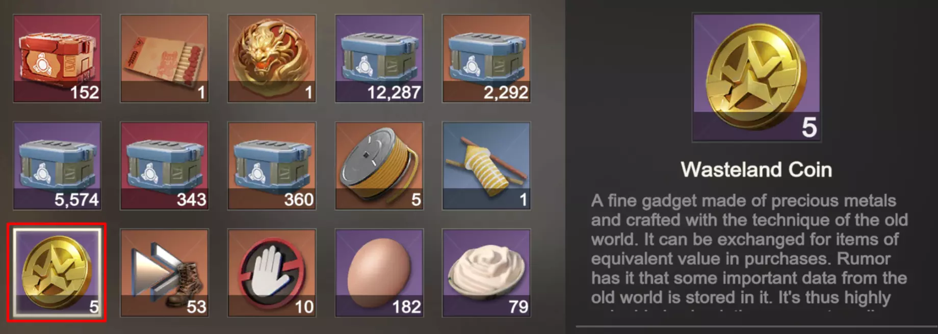 wasteland coin in the inventory