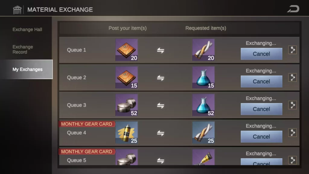 gear factory my exchanges tab