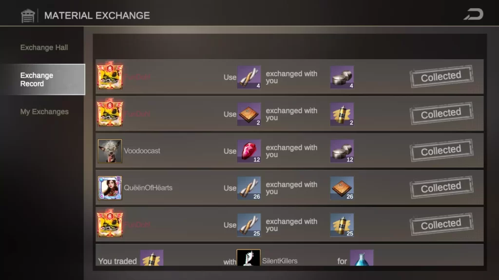 Gear factory exchange record