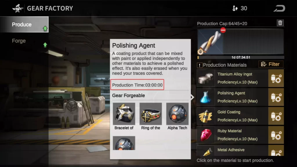 Gear Factory material current production time location