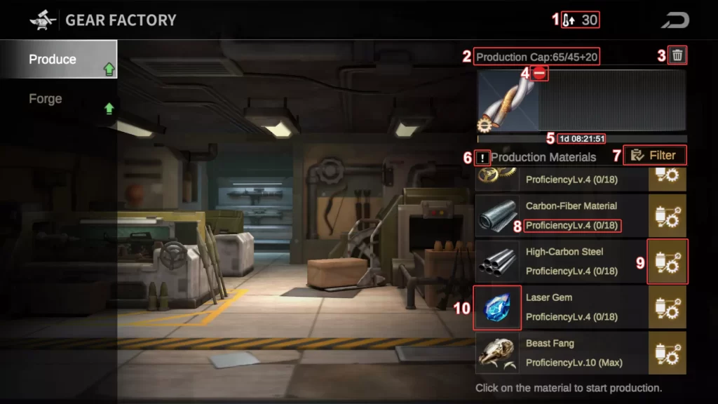 Gear Factory Produce tab explanation